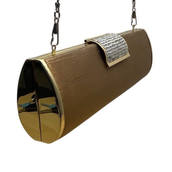 Gold Cylinder Clutch Purse With Rhinestone Clasp Closure & Chain Strap Sz S - Picture 5 of 9